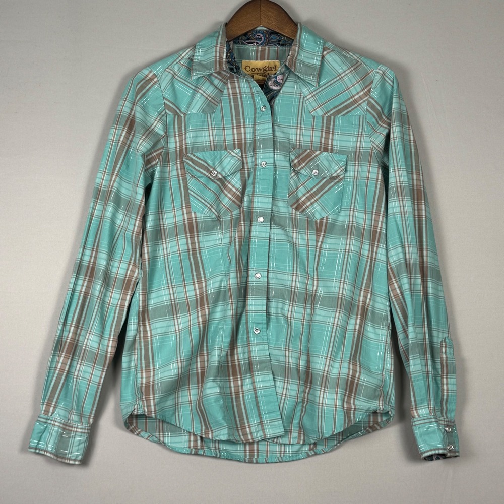 Cowgirl Legend Western Shirt Women Medium Aqua Plaid NWOT Pearl Snap Metallic